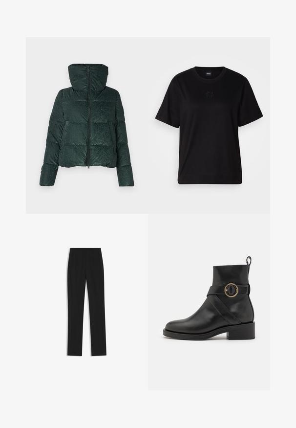 Grüne Steppjacke mit glänzender Textur, durchgehendem Reißverschluss und Kapuze. Verfügt über horizontale Steppung und Druckknopfakzente an den Taschen.; Schwarzes Baumwoll-T-Shirt mit Rundhalsausschnitt, kurzen Ärmeln und aufgesticktem Logo auf der Brust. Einfacher, lässiger Schnitt ohne Muster.; Schwarze maßgeschneiderte Hose mit geradem Bein, ausgestattet mit Fronttaschen und einem glatten, strukturierten Stoff. Saubere, minimale Details.; BOSS IRYNA BOOTIE - Plateaustiefelette - black