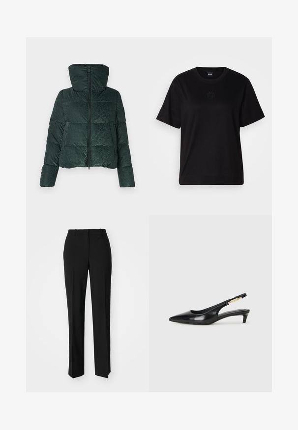 Green puffer jacket with a shiny texture, zippered front, and a hood. Features horizontal quilting and snap-button accents on pockets.; Black cotton t-shirt with a crew neckline, short sleeves, and an embroidered logo on the chest. Simple, relaxed fit with no patterns.; Black tailored trousers with a straight-leg design, featuring a smooth texture and crisp creases along the front. No visible hardware.; Black leather slingback heels with a pointed toe, featuring a slim heel and a gold-tone accent on the adjustable strap. Smooth texture.