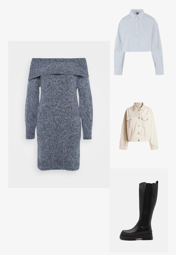 Krémová džínová bunda s límcem, zapínáním na knoflíky, dvěma náprsními kapsami a zkráceným střihem. Obsahuje stříbrné knoflíky a dlouhé rukávy.; Pletené šaty v tmavě šedé barvě s rovnými rameny, dlouhými rukávy a texturovaným vzorem po celém povrchu.; Zkrácená bílá košile s krátkým límcem, dlouhými rukávy a hladkým povrchem. Obsahuje přední límec s odpovídajícími knoflíky.; Černé kozačky do kolen vyrobené z hladké kůže, s elastickými bočními panely, robustní platformou a žebrovanou strukturou na spodní části.