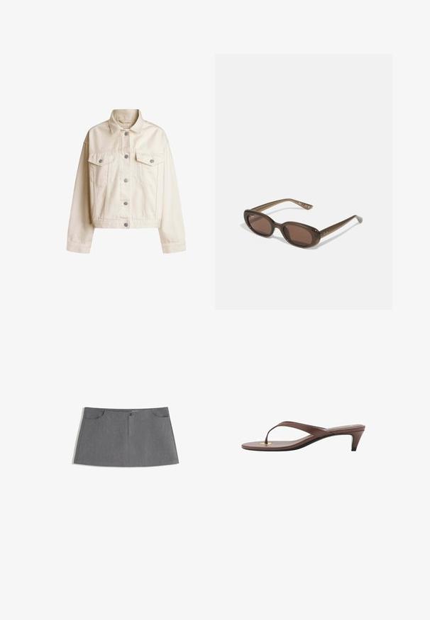Cremefarvet denimjakke med krave, knapfront, to brystlommer og en cropped silhuet. Har sølvfarvede knapper og lange ærmer.; Rød langærmet top lavet af glat, strækbart stof. Har en rund halsudskæring og tætsiddende silhuet. Enkel design uden mønstre eller accenter.; Grå nederdel med lige snit, to forlommer, frontlukning med knap og et subtilt mønster.; Brune hælflip-flop sandal med en slank rem og rund tåpost, der har et lille guldaccent på fodsengen.; Brune ovale solbriller med mørke linser. Stellet er lavet af transparent brunt materiale og har et logo trykt på stængerne.; Tan ruskindtaske med to lange håndtag, rektangulær form og dekorativ syning. Den har en sideløsning og subtile guldfarvede hardware-detaljer.
