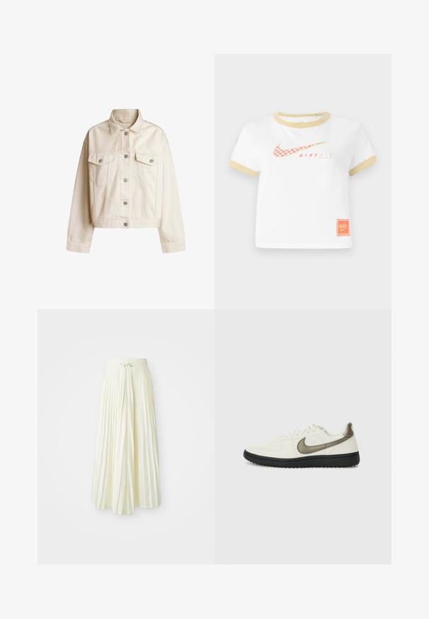 Kreemist denimi jakist, millel on krae, nööpidega es front, kaks rinna taskut ja lühendatud siluett. Omab hõbedase tooni nööpe ja pikki varrukaid.; Valge T-särk kuldsete äärtega, millel on punane ruuduline Nike swooshi logo, teks "NIKE AIR" ning väike oranž Nike silt alläärs.; Kergelt kollasel kangast volditud midi seelik, millel on elastne vöökoht koos nööriga, sile tekstuur ja vertikaalsed triibud lisadetailideks.; Nike Sportswear FIELD GENERAL - Tossud - off-white/black