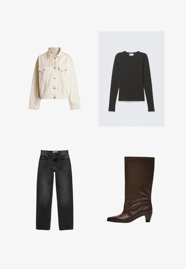 Krémová denimová bunda s golierom, zapínaním na gombíky, dvoma náprsnými vreckami a skráteným strihom. Obsahuje gombíky v striebornom tóne a dlhé rukávy.; Čierne tričko s dlhým rukávom a okrúhlym výstrihom, s malou bielou nálepkou s nápisom "WEEKDAY" vo vnútri goliera, vystavené na svetlom pozadí.; Čierne džíny z denimu s uvoľneným strihom, rovnými nohavicami, piatimi vreckami a mierne vyblednutou textúrou. Zapínanie na gombík a zips v prednej časti.; Tmavo hnedá kožená čižma po lýtka s nízkym zúženým podpätkom, špicatou špičkou a mierne pokrčeným zvrškom na bielom pozadí.