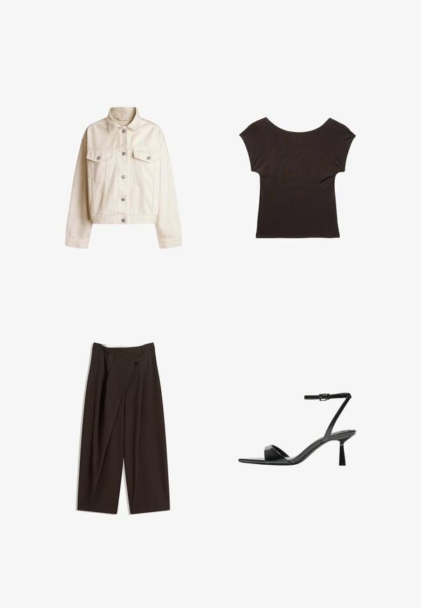 Krémová denimová bunda s golierom, zapínaním na gombíky, dvoma náprsnými vreckami a skráteným strihom. Obsahuje gombíky v striebornom tóne a dlhé rukávy.; Tmavohnedý top s krátkym rukávom a širokým, hlbokým výstrihom. Vyrobený z mäkkej, hladkej textílie s priliehavým strihom. Bez viditeľných vzorov alebo ozdôb.; Tmavohnedé široké nohavice s vysokým pásom, s jedným gombíkom a záhybmi vpredu. Vyrobené z ľahkej textílie.; Bershka Sandále na vysokom opätku - black