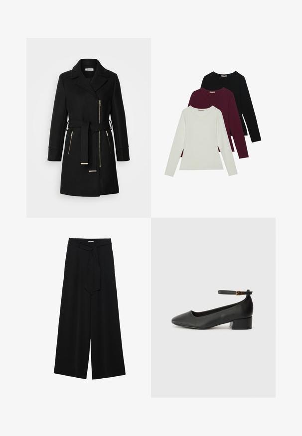 Crni kaput od vune s oštrim ovratnikom, prilagodljivim pojasom i bočnim patentnim zatvaračima. Teksturoljena tkanina s detaljima u zlatnoj boji.; Majice s dugim rukavima u bijeloj, burgundijskoj i crnoj boji. Izrađene od mekog materijala, s okruglim izrezom i prilagođenim krojem. Pogodne za slojevito odijevanje.; Crne široke hlače od teksturirane tkanine, s elastičnom pojasom i odvojivim remenom na struku za prilagodivo pristajanje.; Crne kožne pumpe s oštrim vrhom i niskom blok petom. Sadrže remen oko gležnja s zlatnim kopčanjem. Glatka tekstura.