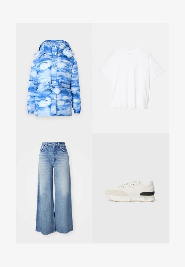 Mėlynas pūkinis švarkas, pasižymintis debesų panašiu dažymo raštu, su gobtuvu ir juosmens diržu. Pagamintas iš blizgaus, tekstūrinio audinio su snapelių mygtukais.; Balta medvilnės marškinėliai trumpomis rankovėmis, apvalia iškirpte, laisvo kirpimo ir su siūtu kraštu. Etiketė matoma vidinėje iškirptės pusėje.; Platūs džinsai, pagaminti iš šviesiai mėlynos džinsinio audinio, su aukšta juosmens linija, penkių kišenių dizainu, nusidėvėjusia danga ir suplėšytu apvadu.; Balti sportiniai bateliai su tekstūruotu zomšiniu priekiu, sklandžiu tinkliniu viršumi, dekoratyviomis raištelėmis ir juodu guminiu kulno akcentu.