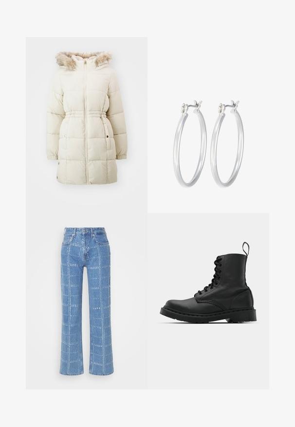 Vero Moda VMPINAR COAT - Zimný kabát - oatmeal; Biely rebrovaný top s dlhým rukávom a okrúhlym výstrihom. Vyrobený z pružného materiálu, ktorý obopína telo. Obsahuje jemné horizontálne pruhy.; Svetlo modré denimové nohavice so strihom s rovnými nohavicami, s mriežkovým vzorom strieborných cvokov a klasickým dizajnom s piatimi vreckami.; Čierna kožená bojová topánka s okrúhlou špičkou, šnurovaním na prednej strane a pútkom pri členku. Má hrubú gumovú podrážku pre trvanlivosť.; Strieborné kruhové náušnice s hladkým, lesklým povrchom. Kolový tvar a bezpečné klikanie na uzatváranie. Ľahký dizajn vhodný na každodenné nosenie.