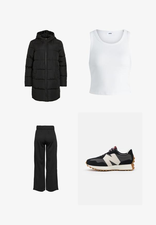 Crna postavljena jakna s kapuljačom, patentnim zatvaračem sprijeda i bočnim džepovima. Glatka tekstura s vodoravnim prošivima.; Bijela rebrasta majica bez rukava s okruglim izrezom i skraćenom dužinom. Na etiketi piše "JJXX." Glatka tekstura tkanine.; Crne hlače širokih nogavica s elastičnom waistbandom, izrađene od glatkog materijala. Imaju jednostavan dizajn bez džepova ili vidljivih šavova.; Crne i sive suede tenisice s velikim kremastim logom "N", ljubičastim pertlama i teksturiranim gumiranim potplatom.