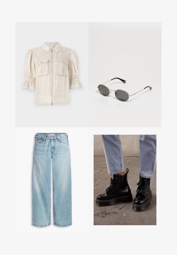Krémfargede kortermede bluse med krave, frontlynt, to knaplukket lommer og rynkede detaljer ved ærmekanterne. Glat stof.; Hvit bomull t-skjorte med korte ermer, rund hals, avslappet passform og uten synlige mønstre eller grafikk. Glatt tekstur og enkelt design.; Lyseblå vide jeans i denim, med høy midje, knappestolpe og frynset hem. Synlig søm og lommer.; Sorte skinnankelstøvler med tykk såle, rund tå, båndsnøring, gul søm og en løpebånd bak.; Gullrammede ovale solbriller med mørke linser. Tynne metallarmer med regnbue-detaljer på venstre stang. Slank, glansfull finish.