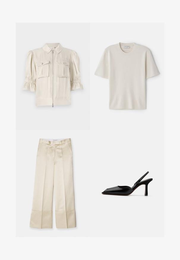 Krémová blúzka s krátkym rukávom, s golierom, predným zipsom, dvomi gombíkovými vreckami a riasením na okrajoch rukávov. Hladká tkanina.; Krémové tričko s krátkym rukávom a okrúhlym výstrihom, vyrobené z mäkkého materiálu, s rovnými líniami a minimálnym zdobením.; Béžové nohavice s širokými nohavicami vyrobené z hladkej tkaniny, s vysokým pásom, prehnutým predným dielom a zloženým lemom, obsahujú bočné vrecká a čistý finiš.; Čierne kožené sandále na podpätku s špicatou špičkou, minimalistický dizajn, tenký remienok okolo členka a elegantný stiletto podpätok. Hladká textúra.