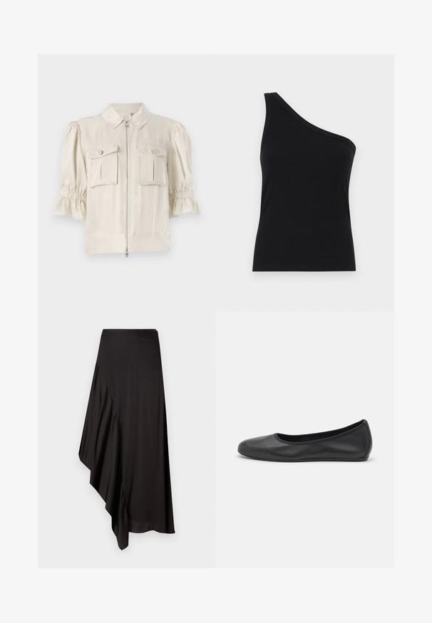 Kremno obarvana kratka bluzica s ovratnikom, sprednjim zadrgo, dvema žepoma s gumbi in gubanjem na robovih rokavov. Gladka tkanina.; Črna rebrasta majica na enem ramenu s prilegajočim dizajnom in mehkobo. Ima čist, minimalen kroj in gladek izrez.; AERON ASTER SKIRT - Ozko oprijeto krilo - black; Črne usnjene balerinke z zaobljenim nosom, gladko teksturo, minimalnimi šivi in fleksibilno zasnovo podplata.