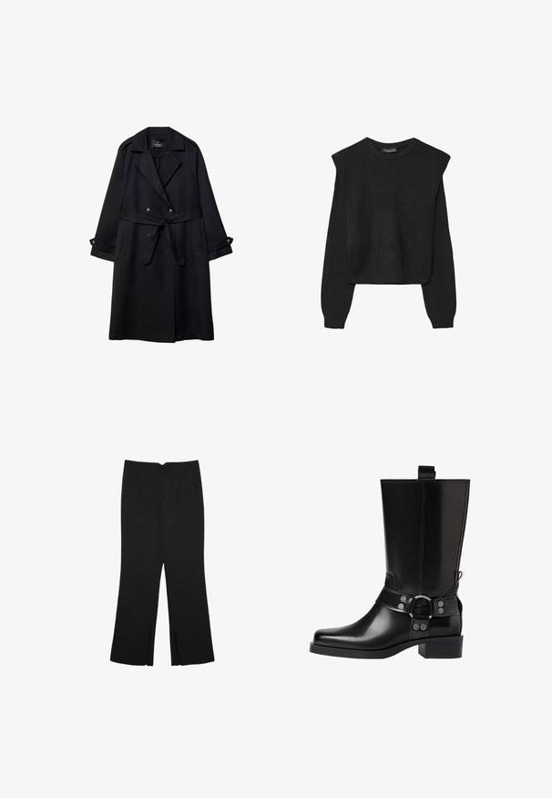 Crni trench kaput od glatke tkanine, s dvostrukim kopčanjem, remenom u struku i dugmadima na rukavima, te dva prednja džepa.; Crna pletena dugoslojna majica sa podloženim ramenima i rebrastim manžetama i rubom, prikazana na bijeloj pozadini.; Crne hlače ravnog kroja, s prednjim džepovima i bočnim prorezima na rubu. Izrađene od mekog i glatkog materijala. Pogodne za razne prigode.; Crne kožne čizmice do koljena s šiljastim prstima, sličnim srebrnim kopčama i debelim potplatima. Imaju rupicu za lakše oblačenje.