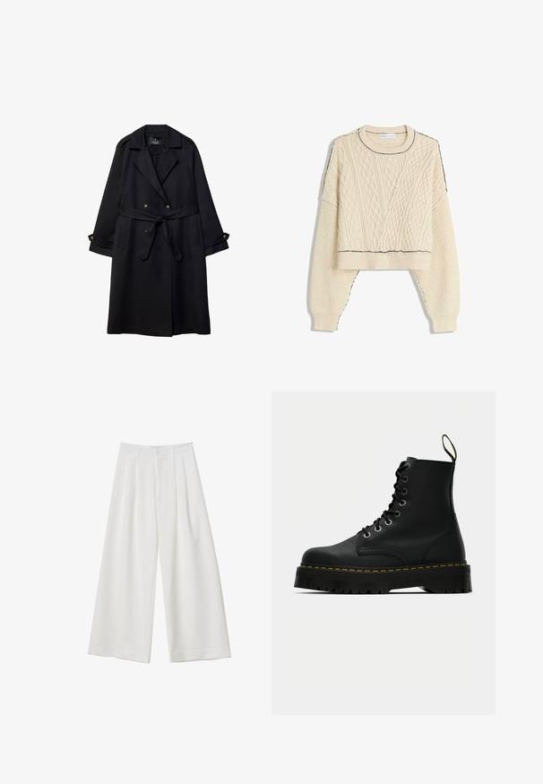 Černý trenčkot vyrobený z hladké látky, s dvouřadým designem, páskem v pase a manžetami na knoflíky s dvěma předními kapsami.; Krémový svetr s pleteným vzorem, který má zkrácený střih, žebrované manžety a kontrastní černý lem na výstřihu a spodním lemu.; Bílé kalhoty s širokými nohavicemi, které mají sklady v přední části, zapínání na knoflík a hladký textil. Vhodné pro neformální i formální příležitosti.; Černé kožené kotníkové boty na šněrování s robustní texturovanou gumovou podrážkou a žlutým prošíváním kolem platformy.