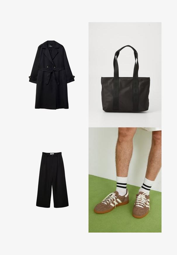 Czarny płaszcz trench z gładkiego materiału, z podwójnym zapięciem, paskiem w talii i zapięciami na guziki przy mankietach oraz dwoma przednimi kieszeniami.; Trzy białe bawełniane koszulki z krótkim rękawem i okrągłym dekoltem, charakteryzujące się gładką fakturą i jednolitym wzornictwem.; Czarne spodnie szerokie nogawki z wysokim stanem, z plisowanym przodem i zapięciem na guzik. Wykonane z gładkiego materiału o dopasowanym kroju.; Brązowe zamszowe sneakersy z białymi akcentami i sznurówkami. Gumowa, brązowa podeszwa. Noszone z białymi skarpetkami w czarne paski. Zielona teksturowana podłoga.; Czarna torba na ramię z nylonu z dwoma wytrzymałymi uchwytami, o teksturowanej powierzchni i wytłoczonym logo. Prosty design bez dodatkowych ozdób.