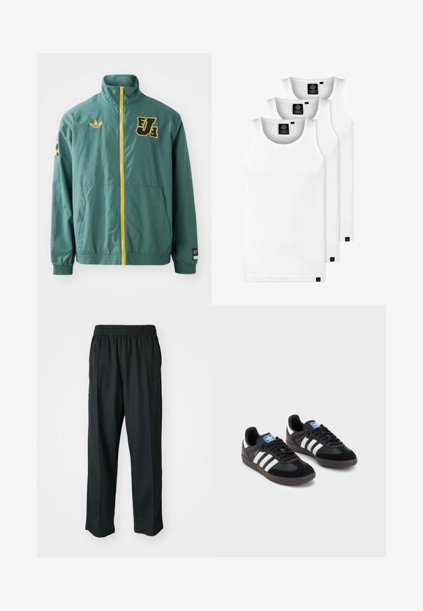 Green lightweight jacket featuring a yellow zipper, front pockets, and black/yellow logo accents on the collar and sleeve.; Three white ribbed tank tops made of cotton. Features a crew neck and small black labels near the hem. Available in multiple sizes.; Black athletic pants with an elastic waistband, made of smooth fabric, featuring subtle side stitching and a relaxed fit, straight leg design.; Black sneakers with a suede and synthetic upper, featuring three white stripes, textured rubber sole, and blue logo tag on the tongue.