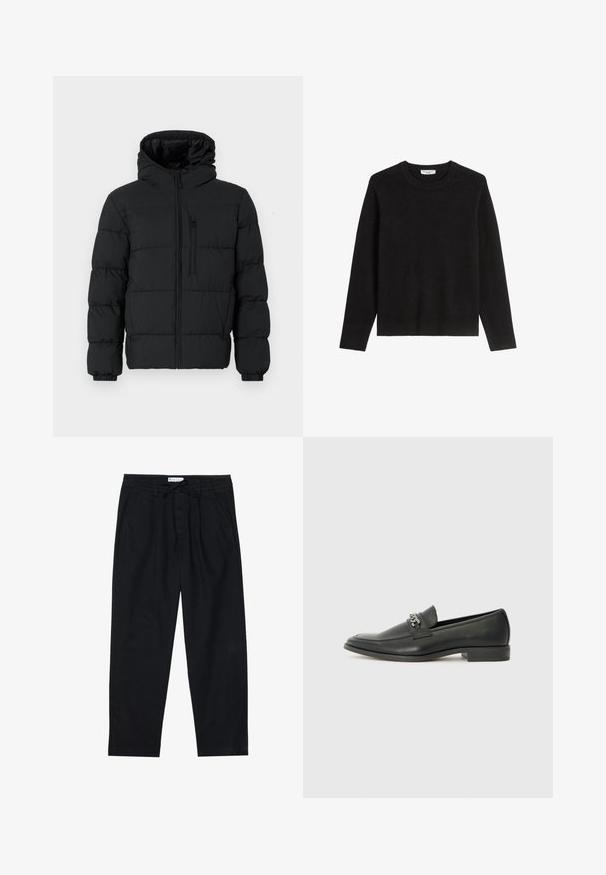 Czarna kurtka puchowa z kapturem, zamek błyskawiczny z przodu, kieszeń na zamek na klatce piersiowej i elastyczne mankiety na białym tle.; Czarny długi sweter z rękawami, wykonany z prążkowanego materiału, z okrągłym dekoltem i prostym dołem. Prosty design bez widocznych wzorów.; Pier One - Chinosy; Czarne skórzane mokasyny o gładkim wykończeniu, z haftowanym wzorem i dekoracyjnym akcentem z metalowego łańcucha na wierzchu. Płaska pięta.