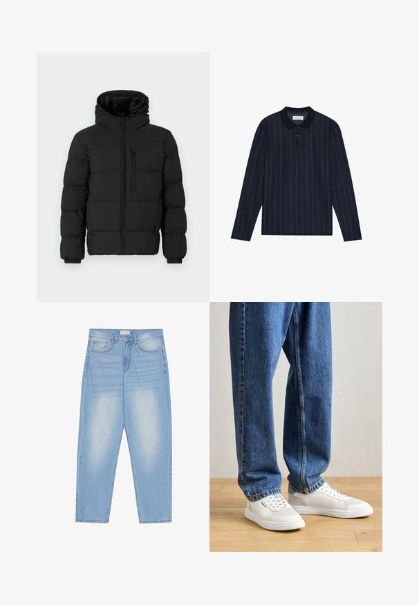 Casaco puffer preto com capuz, fecho frontal, bolso com zíper no peito e punhos elásticos sobre um fundo branco.; Polo de manga longa azul-marinho com collar, apresentando finas riscas verticais e abertura com três botões. Textura de tecido suave.; Jeans de denim azul claro com um corte relaxado, apresentando cinco bolsos, desbotamento subtil e costuras ao longo das costuras.; Sapatilhas brancas com sola de borracha, detalhes perfurados nas laterais, combinadas com jeans de ganga azul claro e folgados, sobre um piso de madeira.