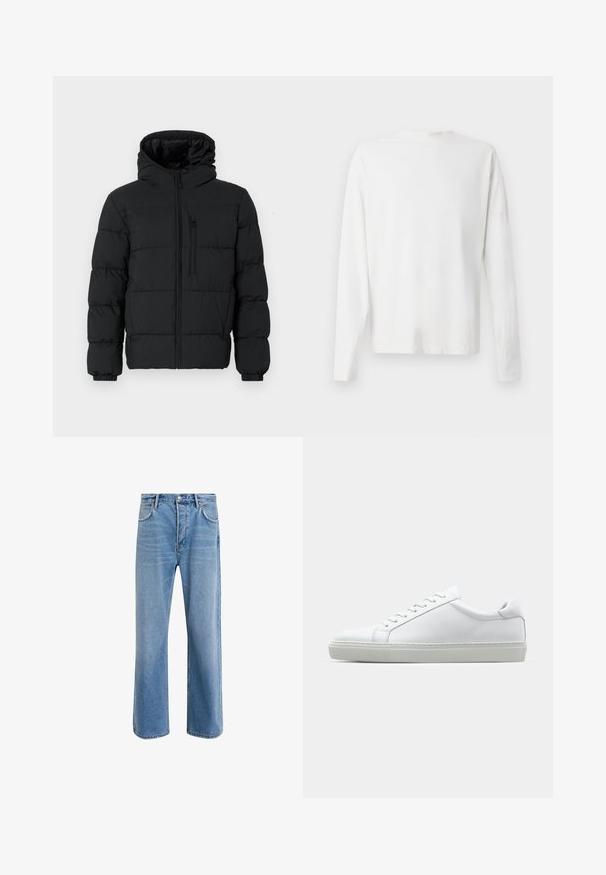 Černá péřová bunda s kapucí, předním zipem, kapsou na zip na hrudi a elastickými manžetami na bílém pozadí.; Bílá bavlněná košile s dlouhým rukávem a kulatým výstřihem, s bočními rozparky na spodní části a hladkým povrchem, vystavená zezadu.; Světle modré džínové kalhoty s rovnými nohavicemi, pěti kapsami, zapínáním na knoflík, minimálním vyblednutím a kontrastním prošitím.; Bílé tenisky s hladkým koženým svrškem a nízkým profilem. Mají zaoblenou špičku, šest nýtů a texturovanou gumovou podrážku.