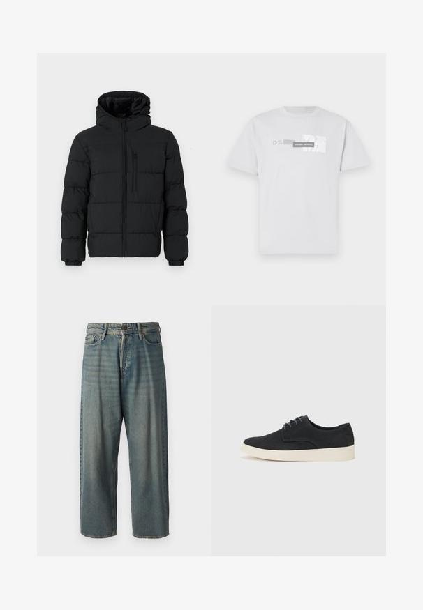 Fekete puffdzseki kapucnival, elülső cipzárral, mellzsebes cipzárral és elastikus mandzsettákkal fehér háttér előtt.; Fehér pamut póló, grafikus nyomtatással, amelyen a "NORTHERN AESTHETICS" és az "EST. 2007" szürke színben szerepel. Klasszikus kerek nyakú, rövid ujjú.; Világoskék farmernadrág, laza fazonnal, közepes derékbőséggel és egyenes szárral. Öt zsebet, övbucskát és gombos záródást tartalmaz.; Fekete velúr fűzős cipő lekerekített orral, könnyű krém színű talppal és finom kék varrásokkal a felsőrészen.