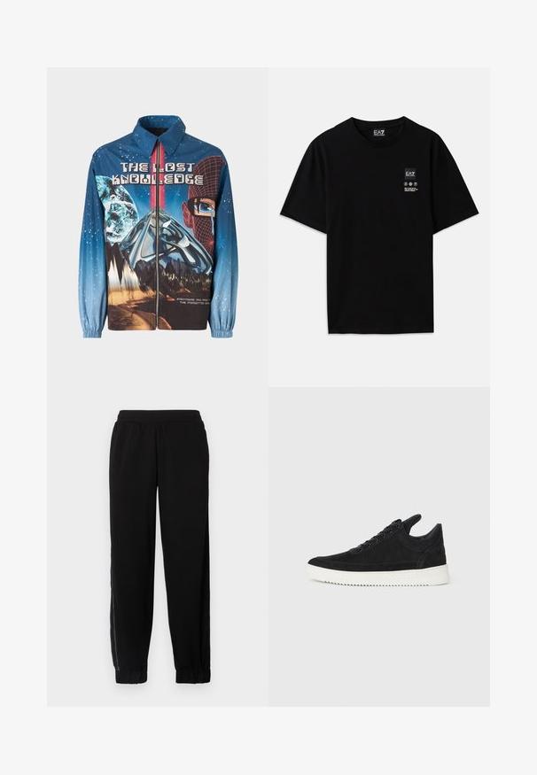 Blue, graphic zip-up jacket featuring a cosmic theme with planets and mountains. Elastic cuffs, bold text, and vibrant design elements.; Black cotton t-shirt with short sleeves, a crew neck, and a small logo tag on the front featuring care symbols in white.; Black jogger pants made of soft fabric, featuring an elastic waistband, cuffed hems, and side mesh panels for added ventilation.; Black suede sneaker with a white rubber sole, featuring tonal stitching and lace-up design. Smooth texture with a modern, streamlined shape.