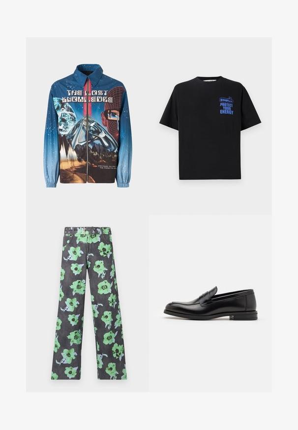 Modrá, grafická bunda na zips s kozmickou témou z planétami a horami. Elastické manžety, odvážny text a výrazné dizajnové prvky.; Čierne bavlnené tričko s krátkymi rukávmi, s modrým textom "OCHRÁŇTE SVOJU ENERGIU" a grafickým dizajnom na hornej ľavej strane.; Kvetinové nohavice v tmavosivej farbe s veľkými zelenými a modrými kvetmi. Súčasťou je zodpovedajúci opasok s viacerými cvočkami a očkami.; Čierne kožené mokasíny s hladkou textúrou, zaoblenou špičkou a dekoračným pásikom cez priehlavok. Nízky vrstvený opätok, minimalistický dizajn.