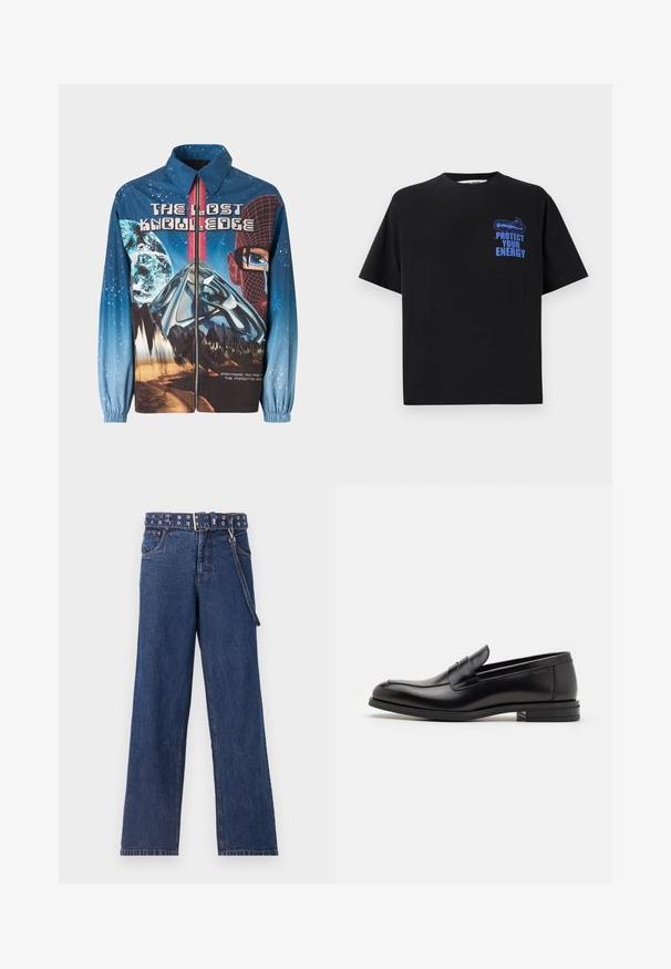 Zila, grafiskā kapuce ar kosmisku motīvu, uz kuras attēlotas planētas un kalni. Elastīgas aproces, drosmīgs teksts un dzīvīgs dizains.; Melna kokvilnas T-kreklā ar īsām piedurknēm, ar zilu tekstu "AIZSARGĀ SAVU ENERĢIJU" un grafisko dizainu augšējā kreisajā pusē.; Tumši zila džinsu auduma bikses ar taisnu kāju dizainu, kas papildinātas ar rakstainu jostu ar metāla acs caurumiem un saskaņotu jostu cilpu.; Melnas ādas kurpes ar gludu tekstūru, noapaļu purngalu un dekoratīvu siksniņu pāri priekšpusei. Zems sakrauts papēdis, minimālisma dizains.