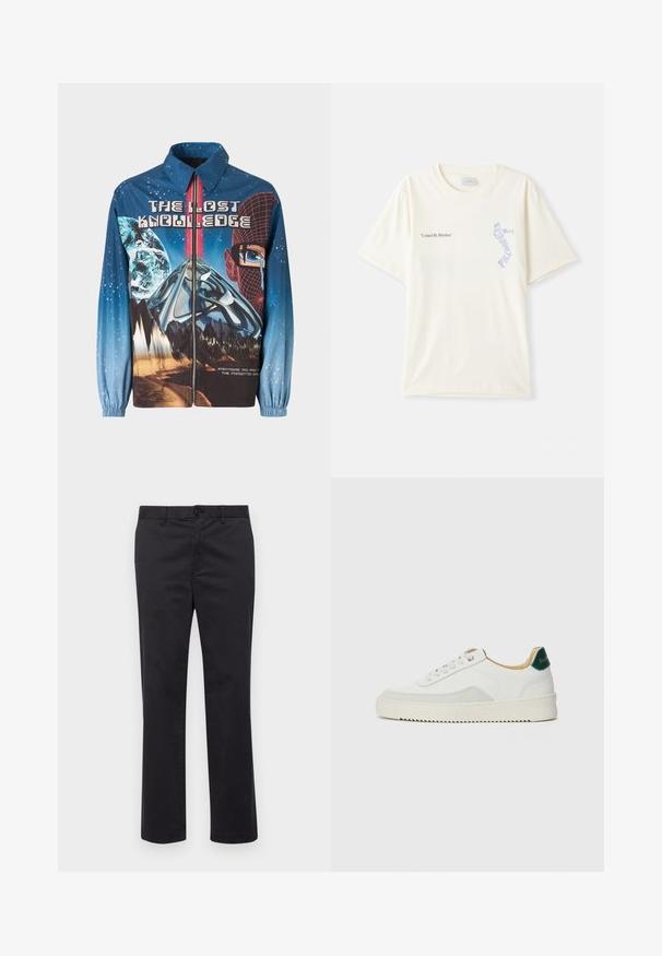 Blue, graphic zip-up jacket featuring a cosmic theme with planets and mountains. Elastic cuffs, bold text, and vibrant design elements.; White cotton t-shirt with short sleeves, featuring “United By Rhythm” text in black and blue graphic on the chest. Round neck design.; Black cotton trousers with a straight leg design, featuring a button closure and belt loops. Smooth texture, no visible patterns or accents.; White sneaker with suede accents, rounded toe, flat laces, and a cream rubber sole. Features green branding on the heel.