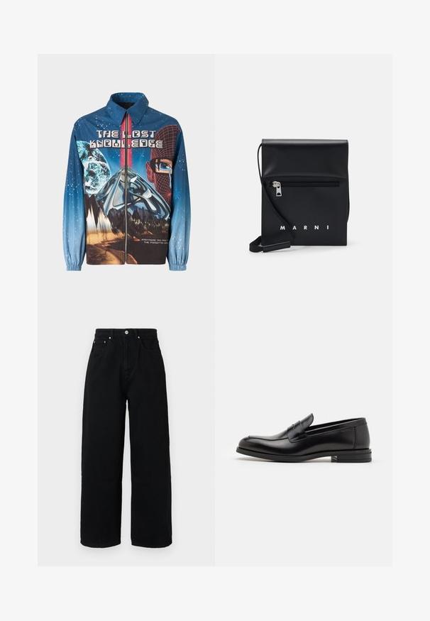 Modrá, grafická bunda na zips s kozmickou témou z planétami a horami. Elastické manžety, odvážny text a výrazné dizajnové prvky.; Feng Chen Wang DECONSTRUCTION UNISEX - Top s dlhým rukávom - white; Čierne široké nohavice z bavlny, s vysokým pásom, prednými vreckami, strieborným gombíkom a čistým lemovaním.; Čierne kožené mokasíny s hladkou textúrou, zaoblenou špičkou a dekoračným pásikom cez priehlavok. Nízky vrstvený opätok, minimalistický dizajn.; Čierna kožená kabelka cez plece s predným vreckom na zips, embosovaným logom a nastaviteľným popruhom. Hladká textúra so štruktúrovaným tvarom.