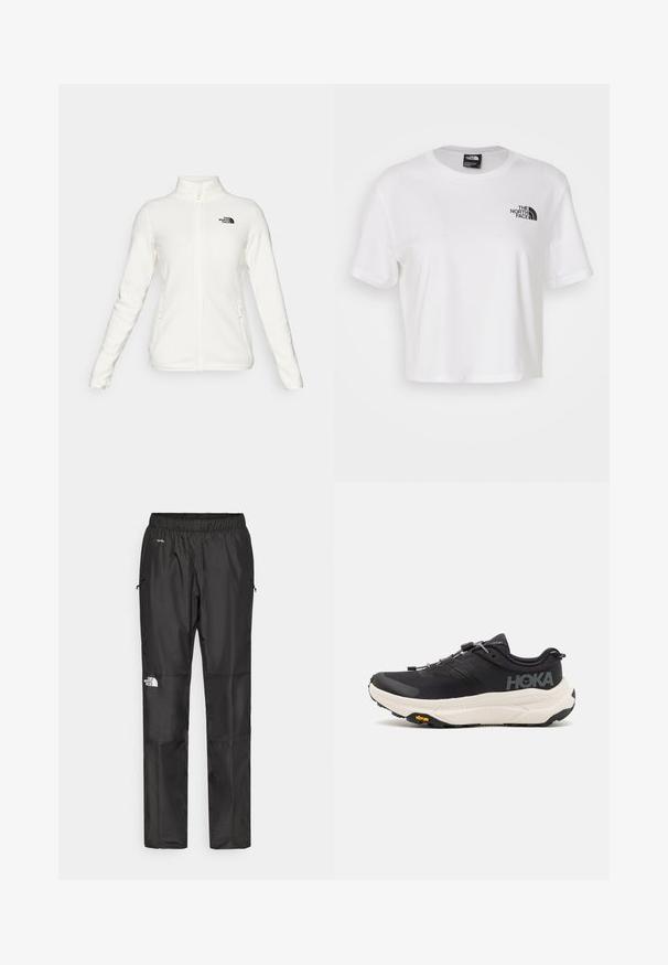 Bijela flis jakna s visokim ovratnikom, prednjim zatvaračem, bočnim džepovima i malim crnim logotipom na gornjem lijevom području prsiju.; Bijela kratka majica od pamuka s okruglim izrezom i kratkim rukavima. Sadrži crni logo na lijevoj strani prsnog koša.; Crne vodootporne hlače napravljene od lagane tkanine, s elastičnim pojasom, bočnim džepovima i logotipom na lijevoj nozi.; Crne atletske cipele s prozračnom mrežicom na gornjem dijelu, gumenim potplatom, bijelim amortizirajućim srednjim dijelom i reflektirajućim vezicama. Vibram logo na potplatu.