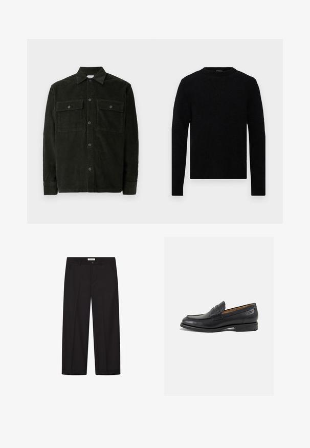 Donkergroen corduroy overhemd met knopen, voorzien van twee borstzakken en lange mouwen, plat weergegeven op een witte achtergrond.; Filippa K SWEATER - Trui - black; Effen witte kortemouwen relaxte T-shirt plat neergelegd op een lichtgrijze achtergrond.; Zwarte wijde broek van soepel materiaal. Voorzien van een knoop- en ritssluiting, twee voorkanten zakken en een nette zoomafwerking.; Zwarte leren loafers met een gladde afwerking, ronde neus en decoratieve stiksels op de wreef. Lage gestapelde hak en een lichte glans.