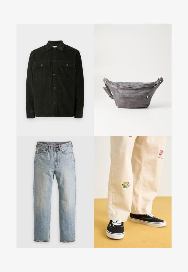 Cămașă cu butoni din catifea verde închis, cu două buzunare pe piept și mâneci lungi, expusă pe un fundal alb.; Hanorac de culoare verde închis, realizat dintr-un material moale, având o buzunar tip kangur, șnururi și un logo alb pe partea stângă a pieptului.; Jeans din denim de culoare albastru deschis, cu talie înaltă, nasture frontal, fermoar și design cu cinci buzunare, așezate platesc pe un fundal neutru.; Pantaloni din bumbac bej cu modele brodate jucăușe, inclusiv un personaj roz și un bloc colorat, asortați cu teniși negri cu șireturi.; Borseta gri din suede, cu o formă rotunjită, două compartimente cu fermoar și curea ajustabilă. Are accente din metal.