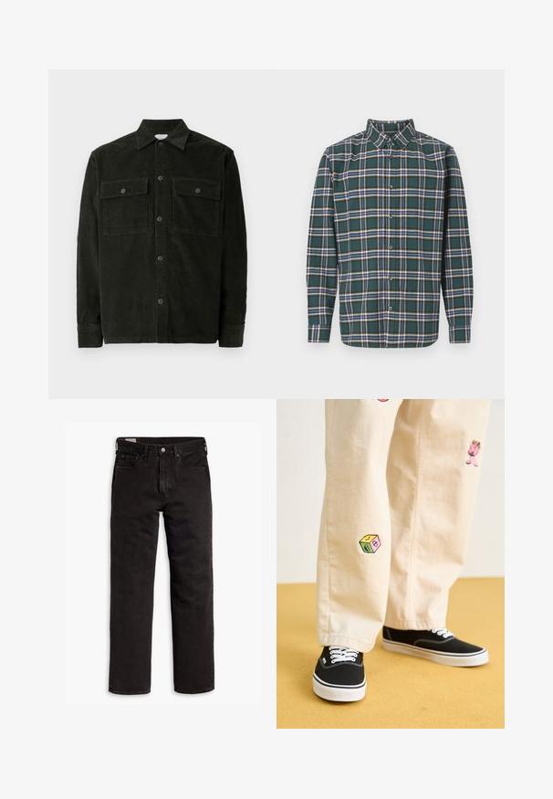 Mørkegrønt kordfløjl button-up skjorte med to brystlommer og lange ærmer, vist fladt på en hvid baggrund.; Grøn flannelskjorte med et ternet mønster, der har blå, hvid og sennepsgul linjer. Knappet front og spids krave. Lange ærmer.; Sorte lige bukser i denim med fem lommer, knaplukning og bæltestropper, lagt fladt ud på en hvid baggrund.; Beige bomuldsbukser med legende broderede designs, herunder en lyserød karakter og farvede blokke, parret med sorte snørebåndssneakers.