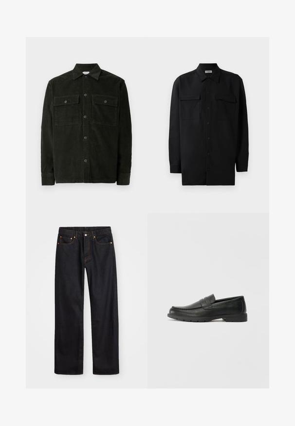 Chemise boutonnée en velours côtelé vert foncé avec deux poches poitrine et des manches longues, présentée à plat sur un fond blanc.; Chemise noire à manches longues en tissu lisse, dotée d'un col classique, de deux poches devant et de poignets à boutons.; Jean en denim noir pour hommes, coupe droite, avec cinq poches et surpiqûres orange, fermeture par bouton et zip à la taille avant.; Mocassins en cuir noir avec une finition lisse, tige de style moccasin, détails cousus et semelle en caoutchouc. Design classique avec un talon bas.