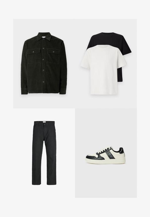 Donkergroen corduroy overhemd met knopen, voorzien van twee borstzakken en lange mouwen, plat weergegeven op een witte achtergrond.; Katoenen T-shirt set met een zwarte top en een witte top, beide met korte mouwen, ronde hals en een standaard pasvorm. Textuurstof.; Zwarte broeken gemaakt van duurzame stof, met een recht gesneden ontwerp, gestikte accenten en twee voorzakken voor functionaliteit.; Leren sneakers met een zwart en crèmekleurig kleurenschema, voorzien van geperforeerde accenten, een gevoerde kraag en een gestructureerde buitenzool.