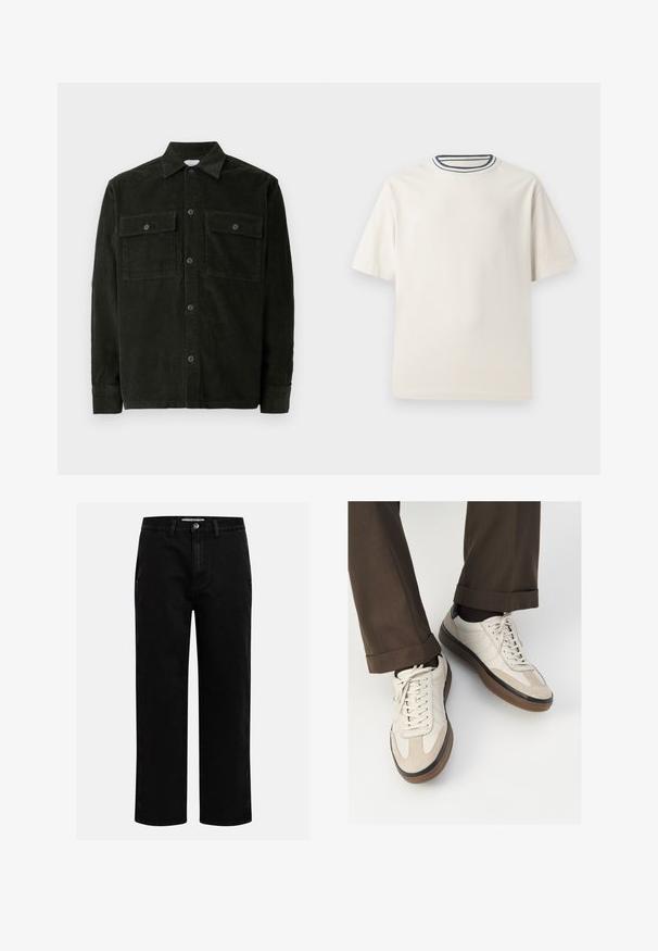 Tumedast rohelisest korduroost valmistatud nööbiga särk, millel on kaks rinna taskut ja pikad varrukad, laiduna valgel taustal.; Kreemivärvi puuvillane T-särk lühikeste varrukatega, ümmarguse kaeluse ja mereteemalise sinise ja valge triibuga. Sile tekstuur, mugav lõike.; Mustad denim püksid sirge jala kujundiga, klassikaline viie tasku disain ja nööbid kinniuisutamisel. Sile tekstuur ja vastupidav kangas.; Bežid spordijalised, millel on tekstuuriga suede esiosa, siledast nahast küljed ja pruun kummitald. Lisatud on paelad ja heledad õmbluse detailid.