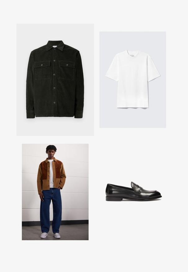 Mörkgrön kordjacka med knappar, två bröstfickor och långa ärmar, uppvisad platt på en vit bakgrund.; En enkel vit kortärmad t-shirt med avslappnad passform liggande platt på en ljusgrå bakgrund.; Man som står inomhus och bär en brun kordflodjacka med rostfärgade fläckar, vit t-shirt, lösa blå jeans och vita sneakers.; Svart läderloafer med låg klack, som har en sydd moccasin-tå och en design på främre panelen. Slät textur med en polerad finish.
