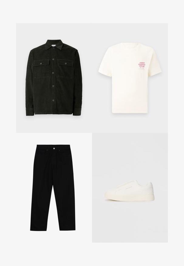 Mørkegrønt kordfløjl button-up skjorte med to brystlommer og lange ærmer, vist fladt på en hvid baggrund.; Hvid kortermet T-shirt med rød tekst "Studio Originals Edition" på venstre bryst, vist på en neutral grå baggrund.; Sorte denimbukser med lige ben, fem lomme-design og knaplukning foran. Glat tekstur med minimale syninger.; Hvide slip-on sneakers med en struktureret overflade, en tyk sål og et minimalistisk design. Har brandlogoet på siden.