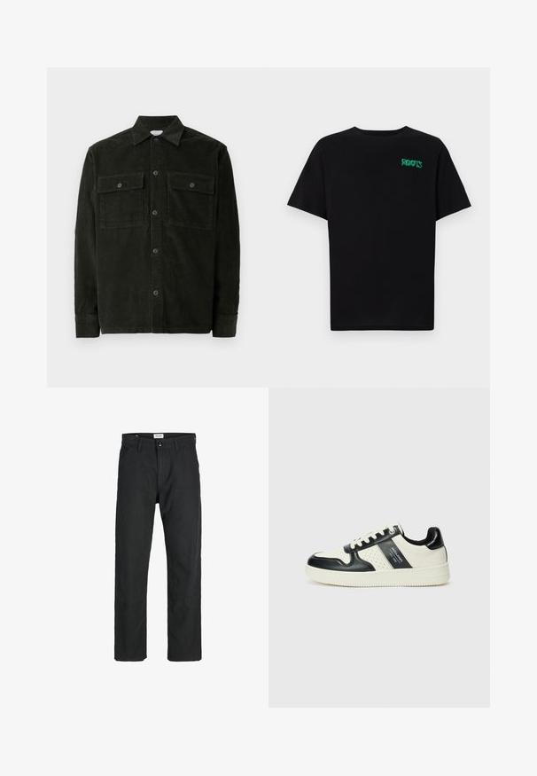 Tmavě zelená kordurová košile na knoflíky s dvěma náprsními kapsami a dlouhými rukávy, vystavená na bílem pozadí.; Černé tričko vyrobené z bavlny s krátkým rukávem. Na přední straně se nachází zelené logo "ROOTS", kulatý výstřih a standardní střih.; Černé kalhoty vyrobené z odolné tkaniny, s rovnými nohavicemi, šitými akcenty a dvěma předními kapsami pro praktičnost.; Kožené tenisky s černobílou barevnou kombinací, které mají perforované detaily, polstrovaný límec a texturovanou podrážku.