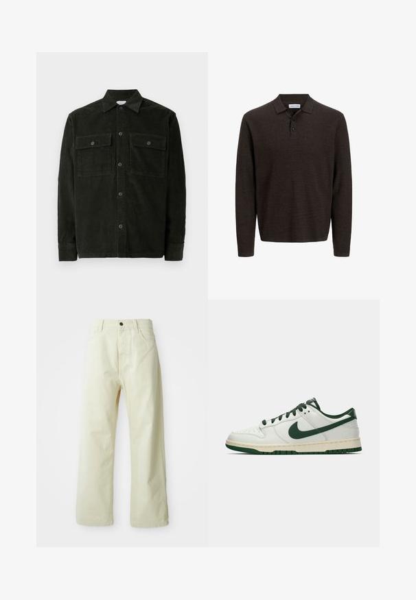 Chemise boutonnée en velours côtelé vert foncé avec deux poches poitrine et des manches longues, présentée à plat sur un fond blanc.; Polo à manches longues marron en tissu texturé. Doté d'un col classique et de trois boutons sur le devant. Coupe décontractée avec des poignets côtelés.; Pantalons larges de couleur jaune clair en denim, dotés d'une fermeture à bouton sur le devant, de cinq poches et d'un design droit sans embellissements.; Baskets basses blanches avec un swoosh Nike vert foncé, des lacets et des accents de semelle, présentées en profil sur un fond blanc uni.