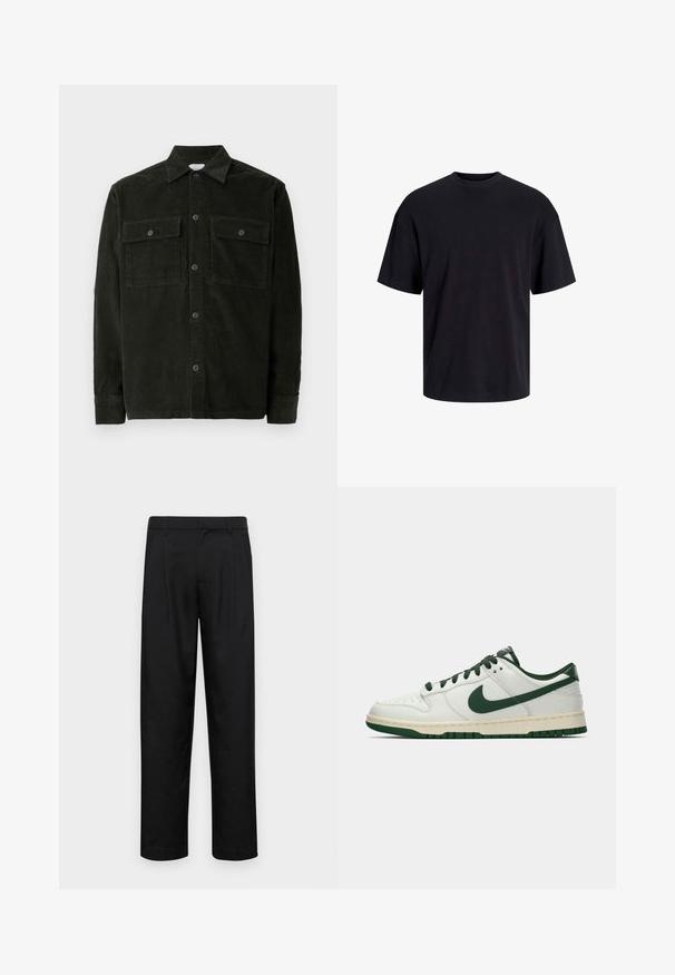 Dunkelgrühe Kordhemd mit Knopfleiste, zwei Brusttaschen und langen Ärmeln, flach auf einem weißen Hintergrund ausgelegt.; Schwarzes Baumwoll-T-Shirt mit Rundhalsausschnitt, kurzen Ärmeln und lässiger Passform. Glatte Oberflächenstruktur und keine sichtbaren Muster oder Akzente.; Schwarze Hose aus glattem Stoff, mit geradem Bein Design, zwei vorderen Falten und einem Standardbund mit Gürtelschlaufen.; Weiße Low-Top-Sneaker mit dunkelgrüner Nike-Swoosh, Schnürsenkeln und Akzenten an der Sohle, im Profil auf einem schlichten weißen Hintergrund abgebildet.