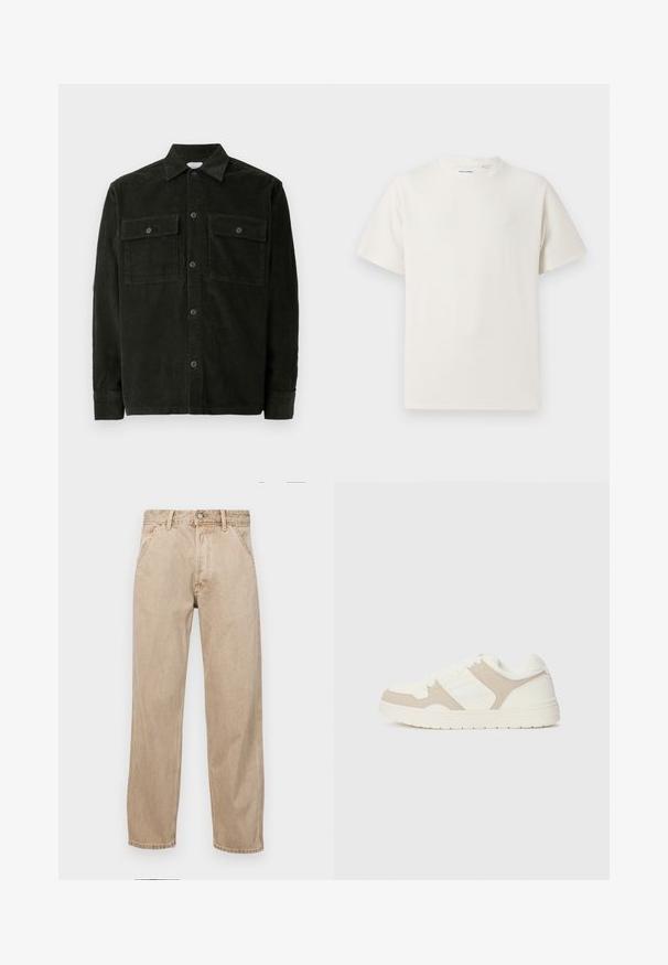 Temnozelena kordna srajca na gumbe z dvema žepoma na prsih in dolgimi rokavi, razstavljena na beli podlagi.; Bela majica s kratkimi rokavi iz rebraste tkanine. Okrogli izrez, sproščen kroj, brez vidnih vzorcev ali naglasov. Preprosta in vsestranska zasnova.; Beige jeans iz džinsa s ravnim nogavicama, ki imajo sprednje žepe, kovinsko zapiranje in subtilno teksturo.; Bež in bela športna obuvala z mešanico gladkih in semiš tekstur, okroglo konico, vezalni sistem in raven gumijast podplat.