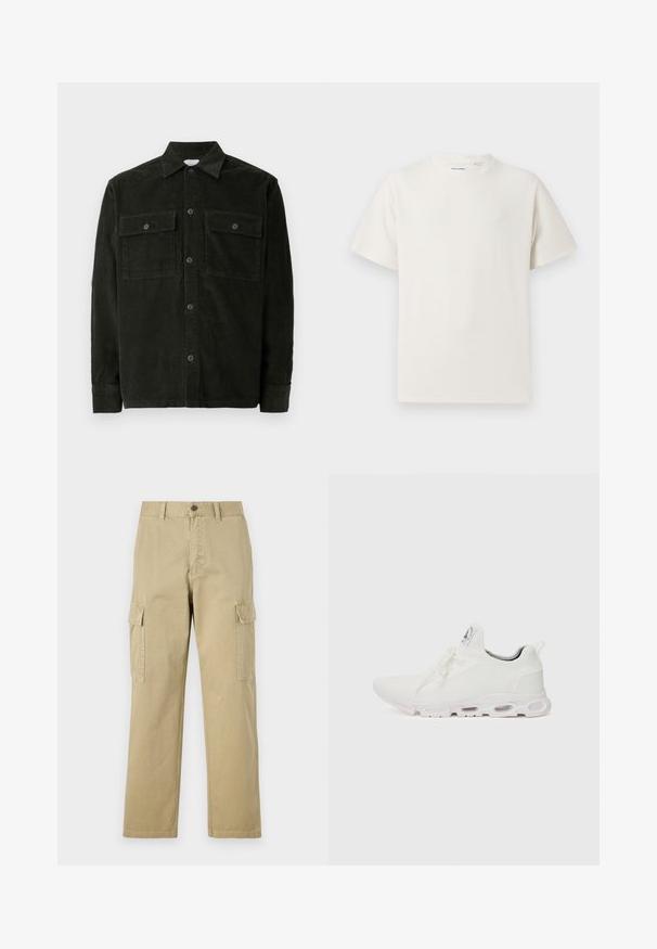 Mørkegrønt kordfløjl button-up skjorte med to brystlommer og lange ærmer, vist fladt på en hvid baggrund.; Hvid kortærmet T-shirt i ribbet tekstur. Rund halsudskæring, løs pasform, ingen synlige mønstre eller accenter. Enkel og alsidig design.; Beige cargo bukser lavet af bomuld, med to sidelommer, knaplukning og lige ben i et let tekstureret stof.; Hvide atletiske sko med en tekstureret strikket overdel, flade snørebånd og en polstret sål med synlige luftkamre for ekstra støtte.