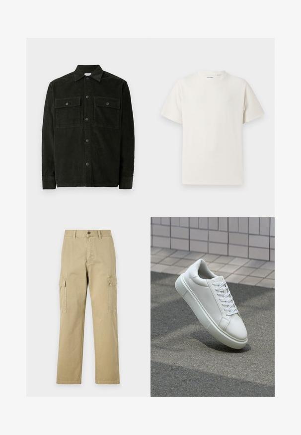 Dark green corduroy button-up shirt with two chest pockets and long sleeves, displayed flat on a white background.; White short-sleeve T-shirt in a ribbed texture. Round neckline, relaxed fit, no visible patterns or accents. Simple and versatile design.; Beige cargo pants made of cotton, featuring two side pockets, a button closure, and straight legs with a slightly textured fabric.; White leather sneaker with a smooth surface, round toe, and flat white laces. Features a textured rubber sole and minimal design elements.