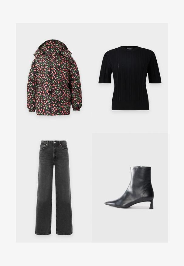 Melnā pufīgā jakā ar ziedu rakstu, kurā redzami rozā un zaļi tulpes, ir kapuce un elastīgas aproces. Aizdara priekšā ar pogām.; Filippa K BRAID - Džemperis - black; Melnas augstā vidukļa taisnās kājas džinsu bikses ar priekšējo pogu un rāvējslēdzēju, divām priekšējām kabatām un divām aizmugurējām kabatām.; Melnas ādas potītes zābaki ar norādītu pirkstu un elegantu dizainu. Iezīmē zemu papēdi un rāvējslēdzēja aizdari aizmugurē. Gluda tekstūra.