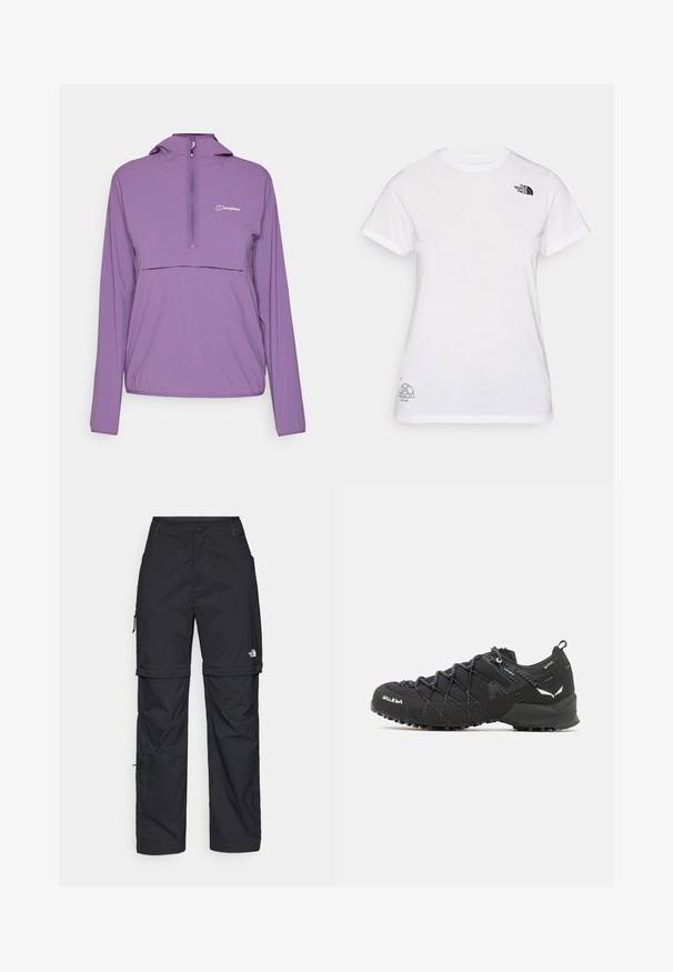 Lett, lilla genserjakke med halvmolo, lange ermer, justerbar hette og lomme foran; laget av slitesterkt, værbestandig stoff.; Hvit bomull T-skjorte med en svart logo på venstre bryst og et grått grafisk design nederst til høyre. Klassisk rund hals og korte ermer.; Svarte nylon cargo-bukser med glidelås og justerbare mansjetter, flere lommer og en logo på høyre bein. Glatt, lett tekstur.; Sorte tursko med teksturert stoffoverdel, snøresystem og røff gummisåle. Utsmykket med reflekterende detaljer og logoer.