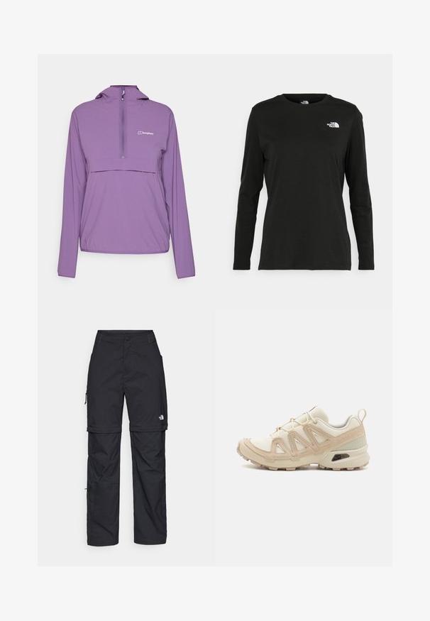 Lett, lilla genserjakke med halvmolo, lange ermer, justerbar hette og lomme foran; laget av slitesterkt, værbestandig stoff.; Svart langermet T-skjorte laget av bomull med rund hals. Har en liten hvit logo på venstre brystområde. Enkelt design og passform.; Svarte nylon cargo-bukser med glidelås og justerbare mansjetter, flere lommer og en logo på høyre bein. Glatt, lett tekstur.; Beige og krem joggesko med teksturert mesh-overdel, støttende overlegg og gummisåle med et mønster for godt grep.