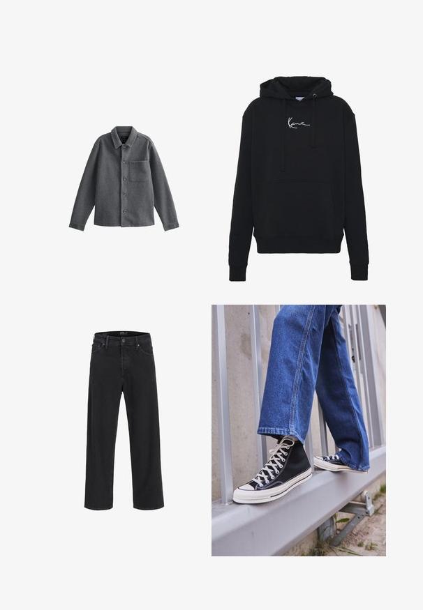 Gray wool jacket with a collared neck, long sleeves, button closure, and a chest pocket. Features a structured fit and minimal texture.; Black hoodie made of soft fabric, featuring a front pocket, drawstrings, and white logo embroidery on the chest. Classic fit and ribbed cuffs.; Black straight-leg denim jeans with button and zipper closure, belt loops, and front and back pockets.; Black high-top sneakers with white sole and laces, paired with loose blue denim jeans, resting on a gray railing.