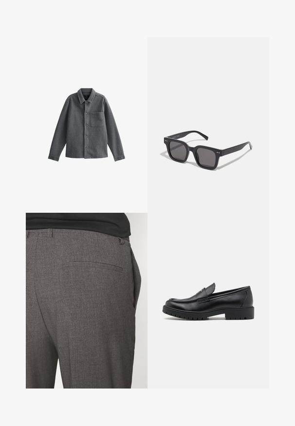 Gray wool jacket with a collared neck, long sleeves, button closure, and a chest pocket. Features a structured fit and minimal texture.; Black turtleneck sweater made of a soft knit material. Features long sleeves, ribbed collar, and hem. Simple, sleek design without patterns.; Gray tailored trousers with a smooth texture, featuring a single back pocket and a slim fit design. Fabric has a subtle pattern.; Black leather loafers with a rounded toe, slip-on design, and thick rubber sole featuring a textured grip. Elevated heel and subtle stitching details.; Black rectangular sunglasses with dark lenses, featuring a thick frame, subtle accents on the sides, and no visible logos beyond the brand name.; Black duffel bag made of textured fabric with sturdy black leather straps. Features a cylindrical shape and top zip closure.