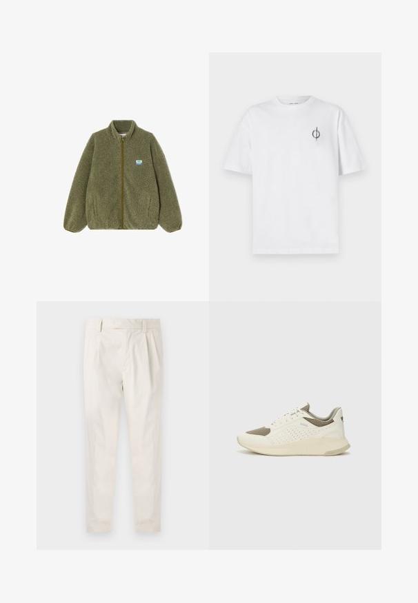 Olivově zelená fleece bunda se zapínáním na zip, stojáčkem a elastickými manžetami. Má malou nášivku loga modré a žluté barvy na hrudi.; Bílý bavlněný tričko s volným střihem, které má malé černé grafické logo na levé straně hrudi. Krátké rukávy, kulatý výstřih.; Bílé, plisované kalhoty s upraveným střihem, které mají hladkou texturu, poutka na opasek a zúžené nohavice. Bez viditelných kapes nebo vzorů.; Bílé a světle béžové atletické tenisky, které mají síťovaný svršek, perforované detaily a texturovanou mezipodešev s logem na patě.