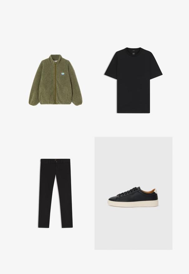 Olivgrön fleecejacka med dragkedja fram, ståkrage och elastiska ärmslut. Har ett litet blått och gult logopatch på bröstet.; Svart kortärmad T-shirt i en mjuk bomullsblandning, med rundad halsringning och en minimalistisk design utan mönster eller detaljer.; Svarta byxor gjorda av tyg med en slät textur. Har en knäppning med knapp, bälteshällor och sidofickor. Standard rakt ben-design.; Svarta lädersneakers med en slät yta, beige gummisula, snörning och en kontrasterande hälackcent.