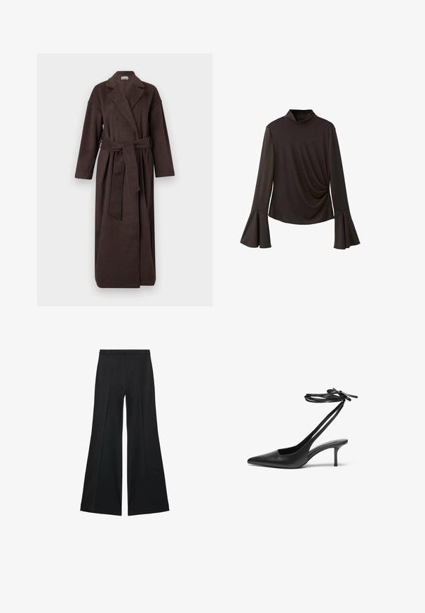 Hnědý kabát s texturovanou tkaninou, s klopovým límcem, dlouhými rukávy a odpovídajícím páskem uvázaným v pase.; Černý top s dlouhými rukávy a vysokým límcem, s rozšířenými rukávy a na stranách nařasenými detaily pro texturu. Vyrobeno z elastického materiálu.; Černé kalhoty s širokými nohavicemi a hladkou texturou, s předními sklady a přizpůsobeným střihem. Materiál je lehký a splývavý.; Černá kožená stiletto botička s špičatou špičkou, otevřenou zadní částí a kotníkovými řemínky uvázanými do mašle. Štíhlý 3palcový podpatek. Hladká textura, minimalistický design.